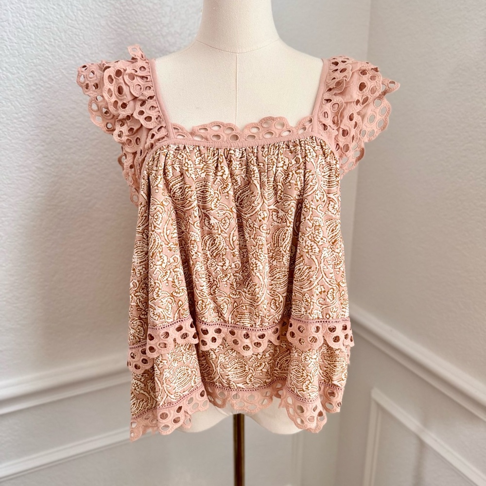 ANTHROPOLOGIE Let Me Be Layered Ruffle Peach Eyelet Swing Top Feminine Blouse - Picture 2 of 16